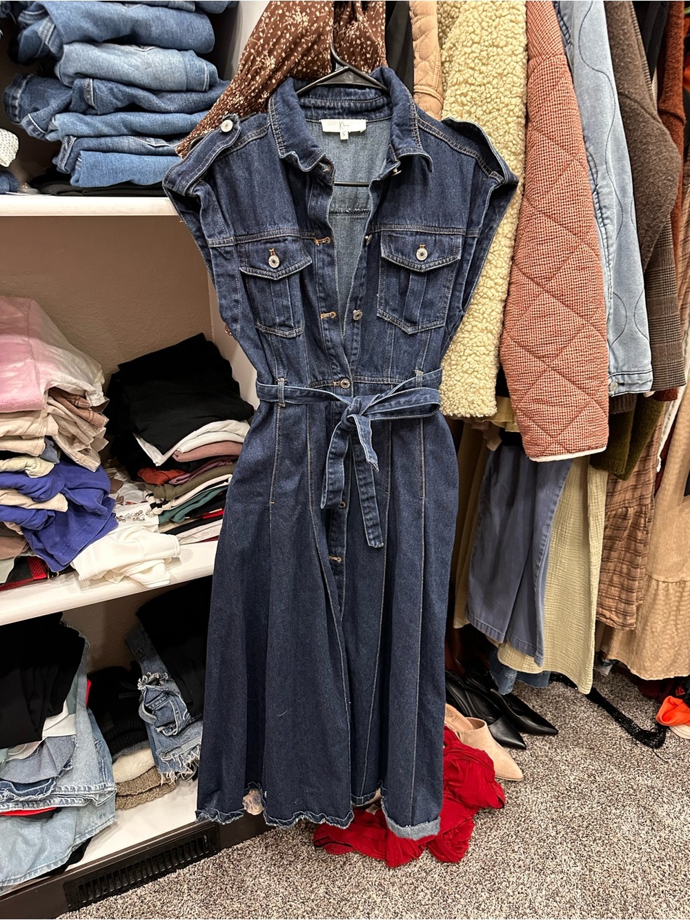 Dark Wash Denim Midi Dress with Tie Belt